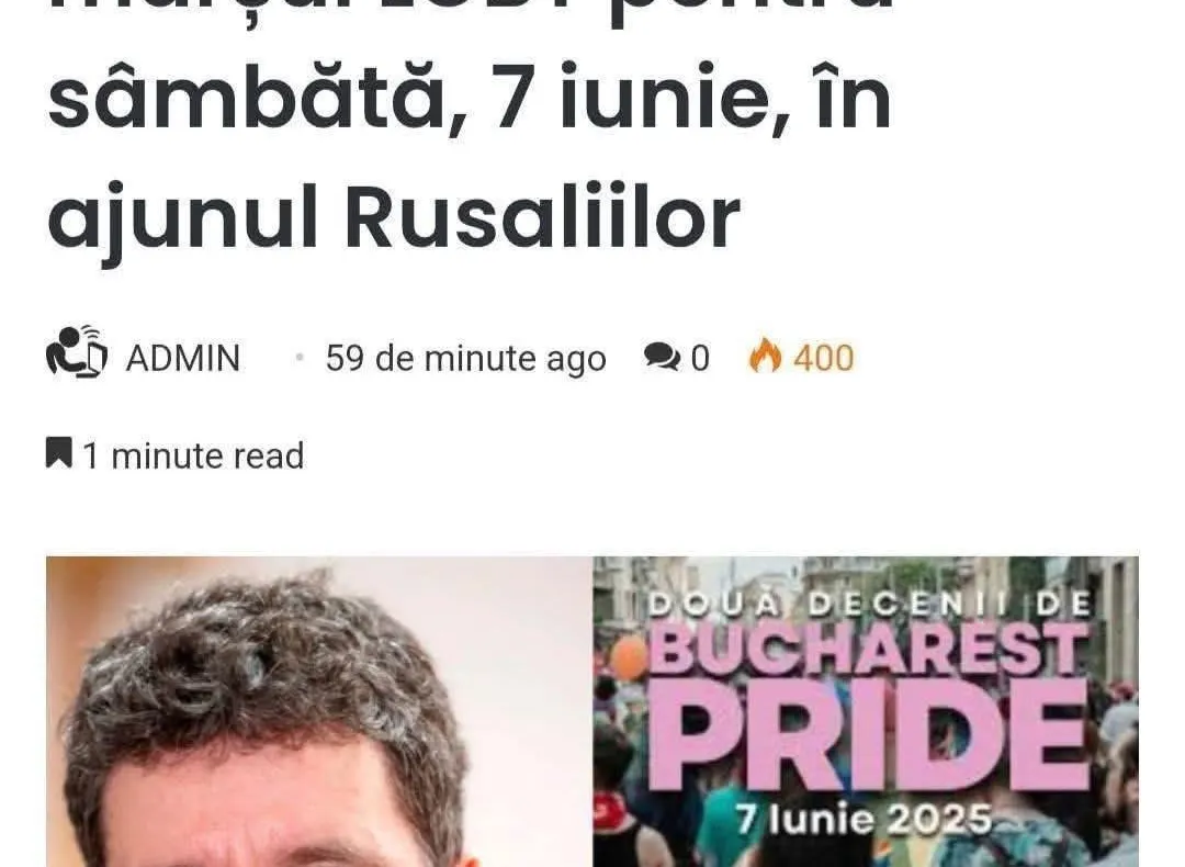 PRIMĂRIA BUCUREȘTI A APROBAT MARȘUL LGBT ÎN AJUNUL RUSALIILOR: O INSULTĂ LA ADRESA VALORILOR CREȘTINE ALE ROMÂNIEI
