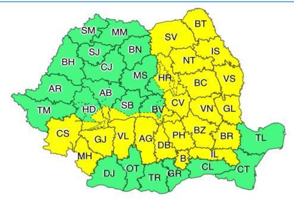 Cod galben de instabilitate atmosferică în 24 de judeţe, până sâmbătă la ora 10:00 
