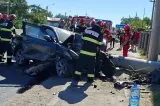 Scene de groază pe DN5, la Jilava, după un accident grav. Mașina, distrusă complet după ce a intrat într-un stâlp