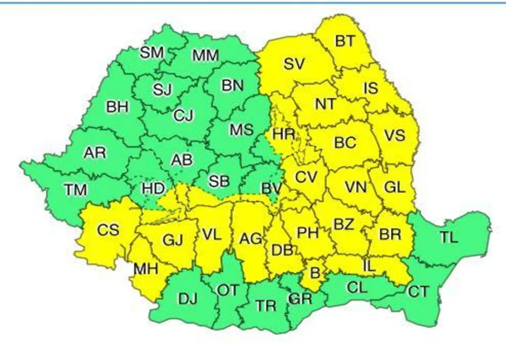 Cod galben de instabilitate atmosferică în 24 de judeţe, până sâmbătă la ora 10:00