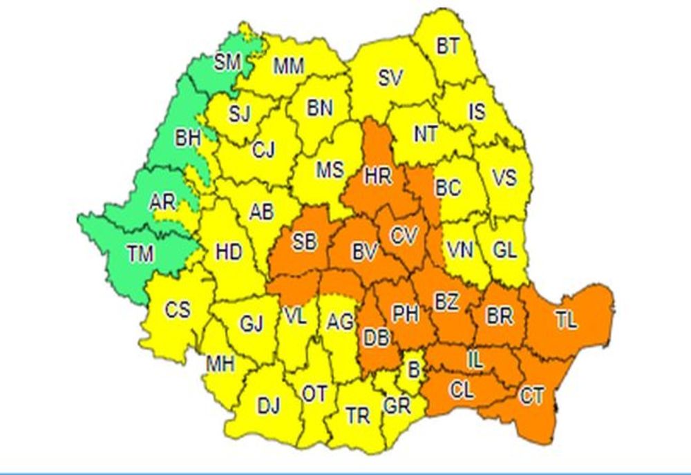 Două coduri galbene și unul portocaliu de ploi torențiale, vijelii și grindină!