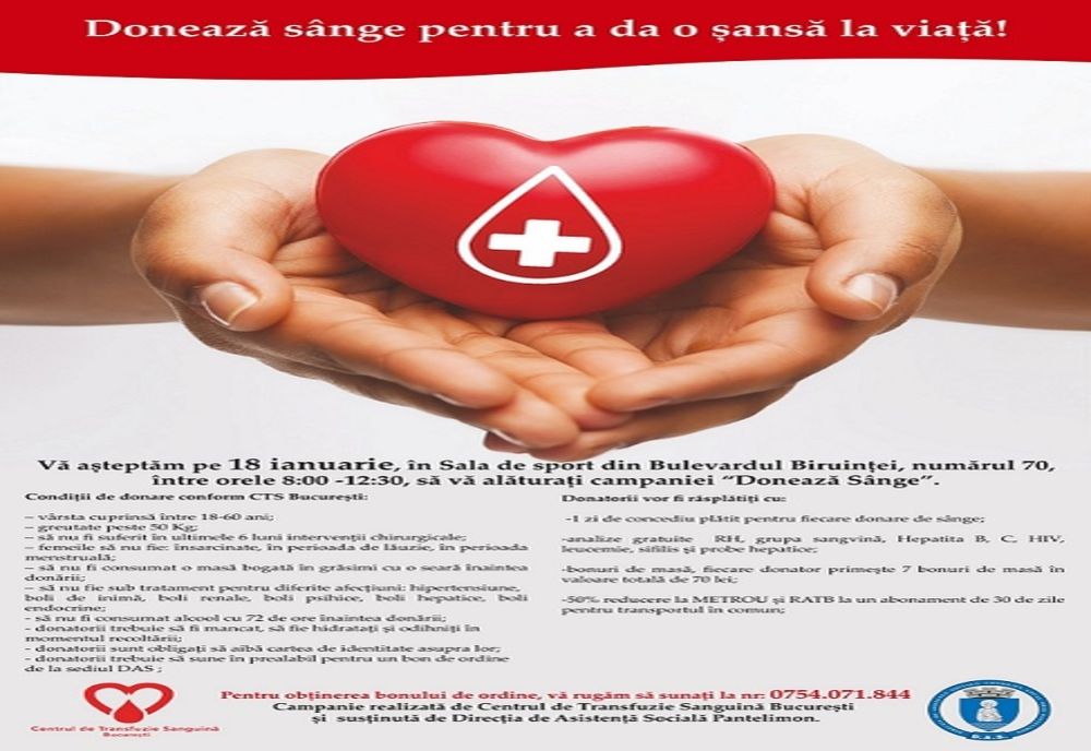 Pantelimon: 18 ianuarie 2022 – o șansă să facem bine, să salvăm trei vieți cu fiecare donare de sânge 