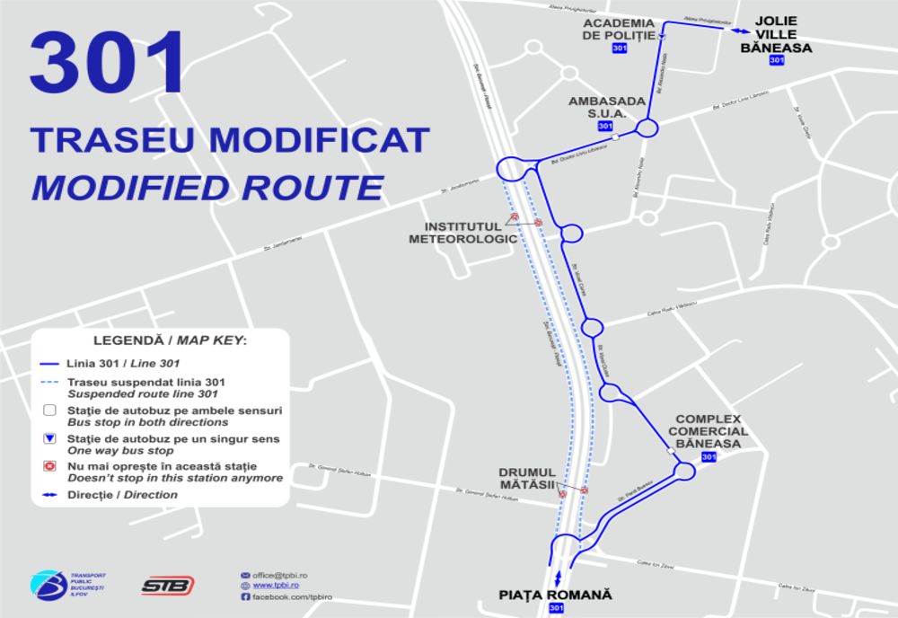TPBI: Linia 301, deviată în zona Complexului Comercial Băneasa, începând de luni, 15 mai